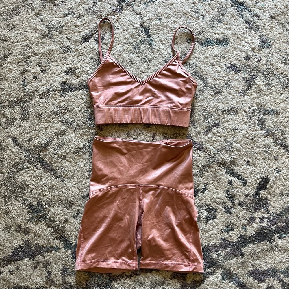 Shiny Champagne Coloured Sports Bra & Shorts
